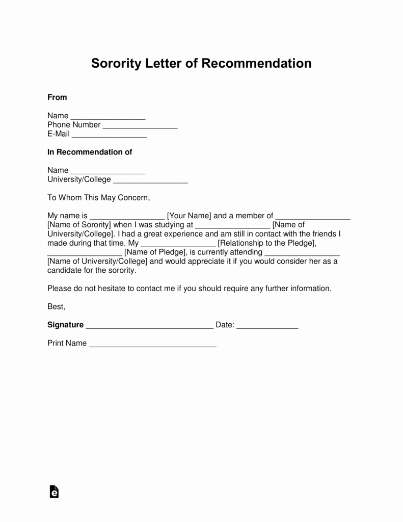 Sample sorority Recommendation Letter Awesome Free sorority Re Mendation Letter Template with