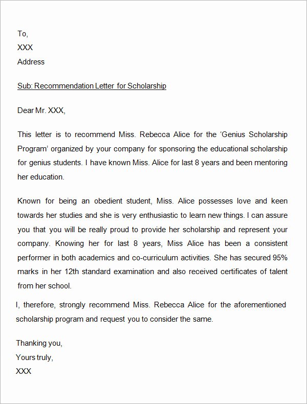 Scholarship Letter Of Recommendation Examples Luxury 30 Sample Letters Of Re Mendation for Scholarship Pdf
