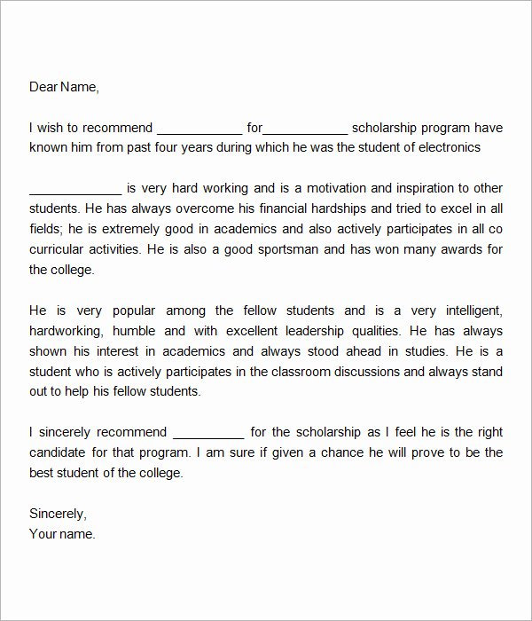 Scholarship Letter Of Recommendation Template Beautiful 30 Sample Letters Of Re Mendation for Scholarship Pdf