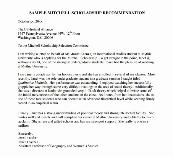 Scholarship Letter Of Recommendation Templates Unique 27 Letters Of Re Mendation for Scholarship Pdf Doc