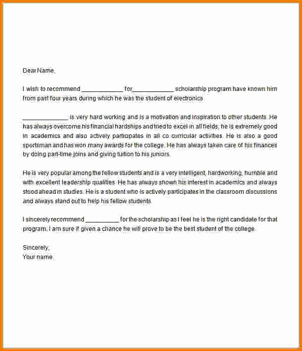 Scholarship Recommendation Letter Examples Elegant Scholarship Re Mendation Letter