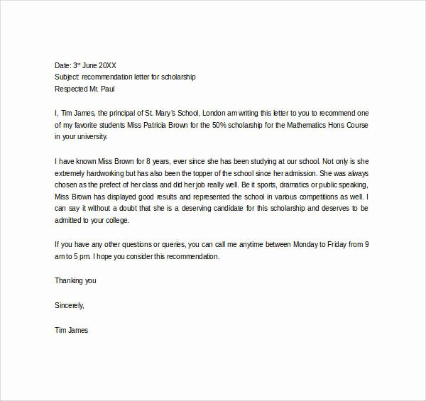 Scholarship Recommendation Letter Examples Unique 30 Sample Letters Of Re Mendation for Scholarship Pdf