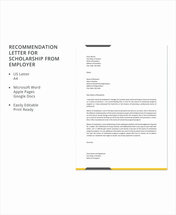 Scholarship Recommendation Letter From Employer Elegant 30 Sample Letters Of Re Mendation for Scholarship Pdf