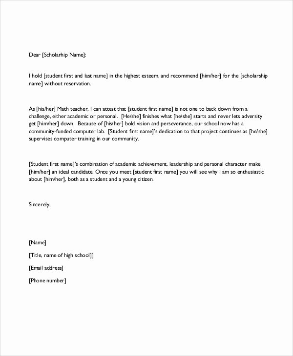Scholarship Recommendation Letter From Teacher Elegant 7 Sample Re Mendation Letter formats