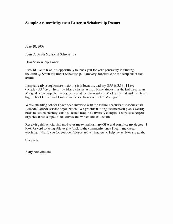 Scholarship Thank You Letter format Awesome Donor Thank You Letter Sample