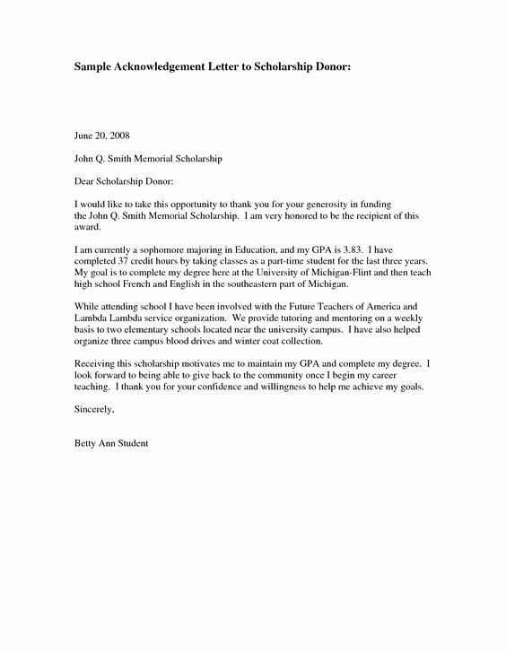 Scholarship Thank You Letter format Beautiful Donor Thank You Letter Sample