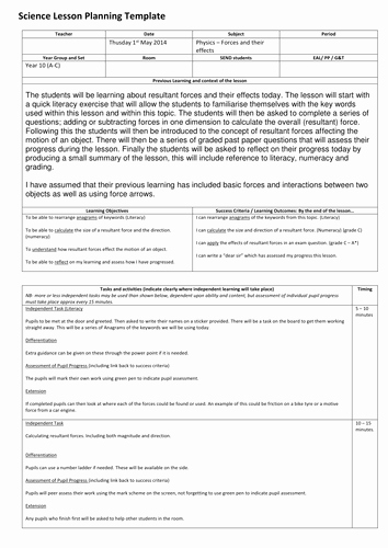 Science Lesson Plan Template Fresh Resultant forces by Chris Teaching Resources Tes