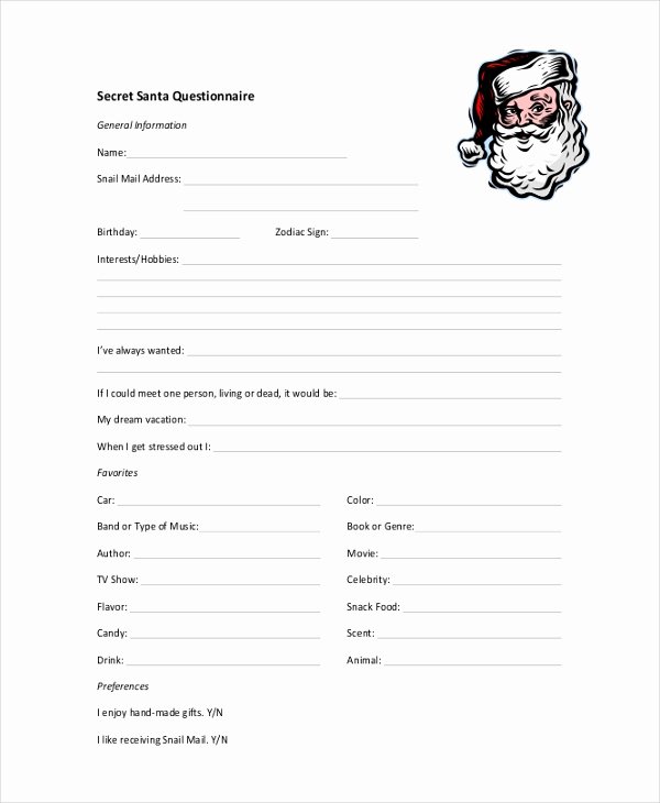 Secret Santa Template form Awesome Sample Secret Santa Questionnaire form 10 Free