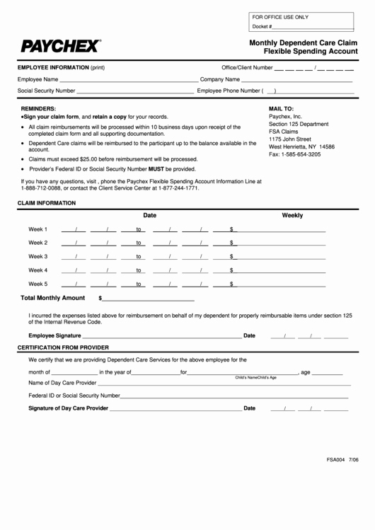 Section 125 Plan Documents Template Inspirational form Fsa004 Monthly Dependent Care Claim Flexible