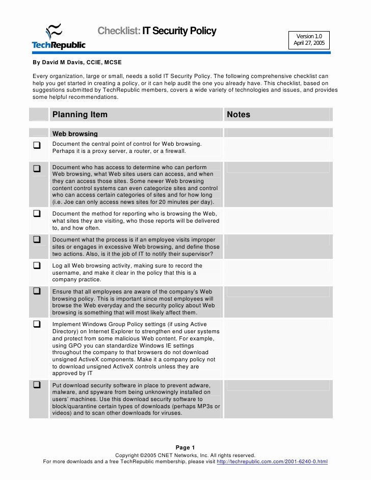 Security assessment Plan Template Awesome Security Policy Checklist