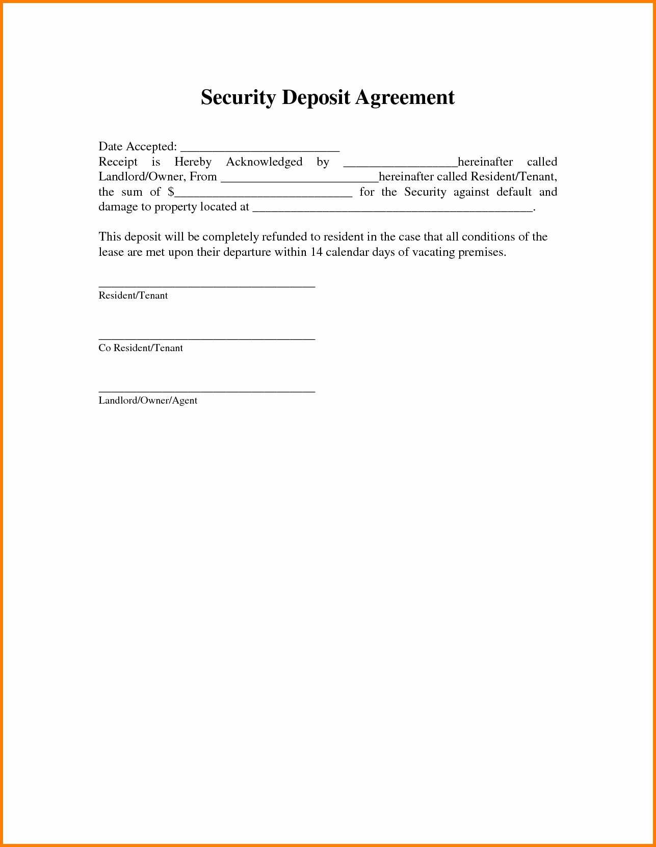 Security Deposit Letter format Lovely Deposit Agreement Template Regular Down Payment Security