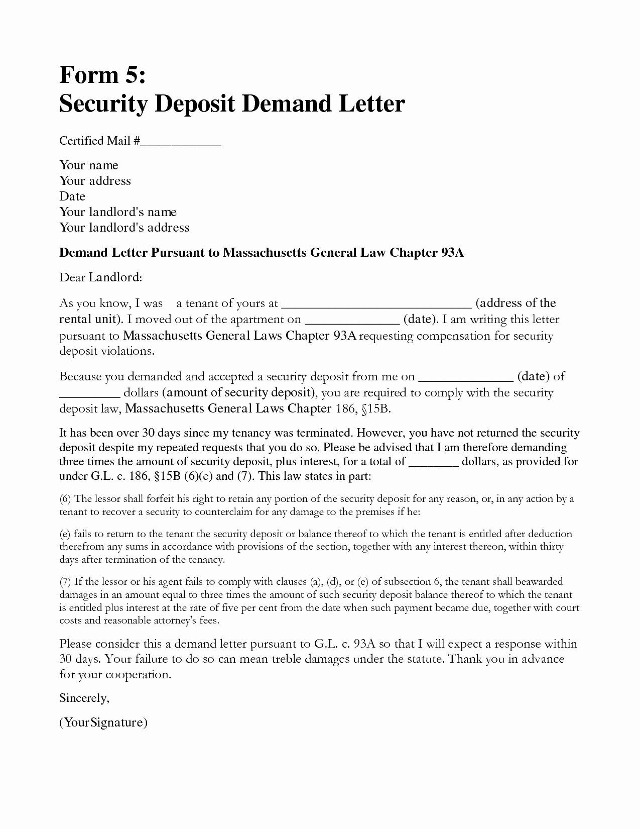 Security Deposit Letter format New Demand Letter to Landlord Template Samples