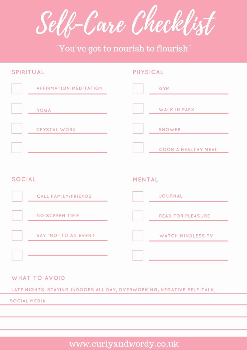 Self Care Plan Template New Curly and Wordy My Self Care Checklist Template