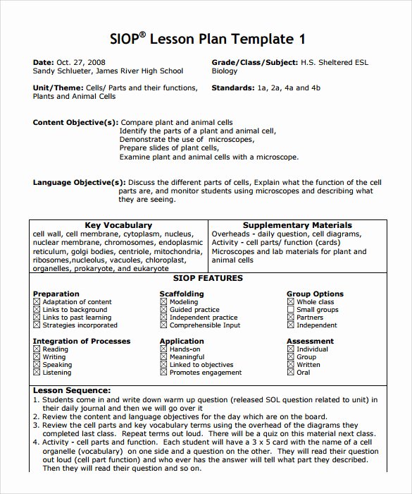 Siop Lesson Plan Template 1 Fresh Sample Siop Lesson Plan Templates – 10 Free Examples
