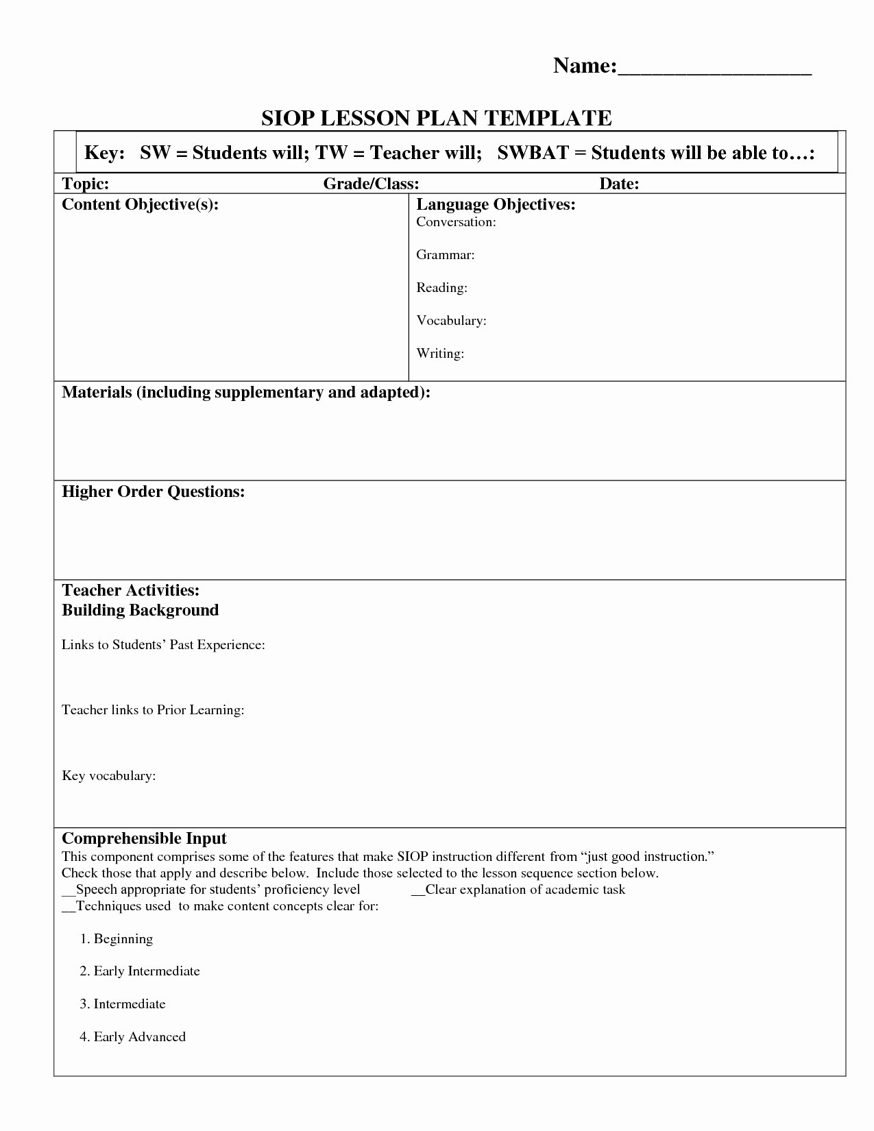 Siop Lesson Plan Template 3 Elegant Siop Lesson Plan Template