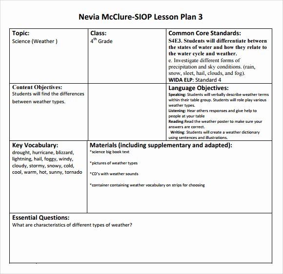 Siop Lesson Plan Template Awesome Sample Siop Lesson Plan 9 Documents In Pdf Word