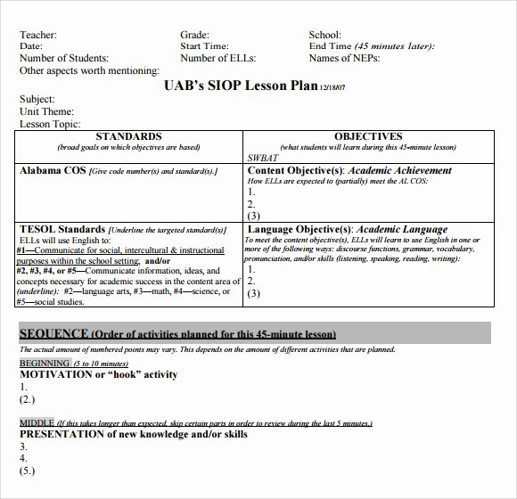 Siop Lesson Plan Template Fresh Sample Siop Lesson Plan 9 Documents In Pdf Word