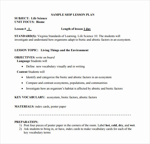 Siop Lesson Plan Template Inspirational Sample Siop Lesson Plan 9 Documents In Pdf Word
