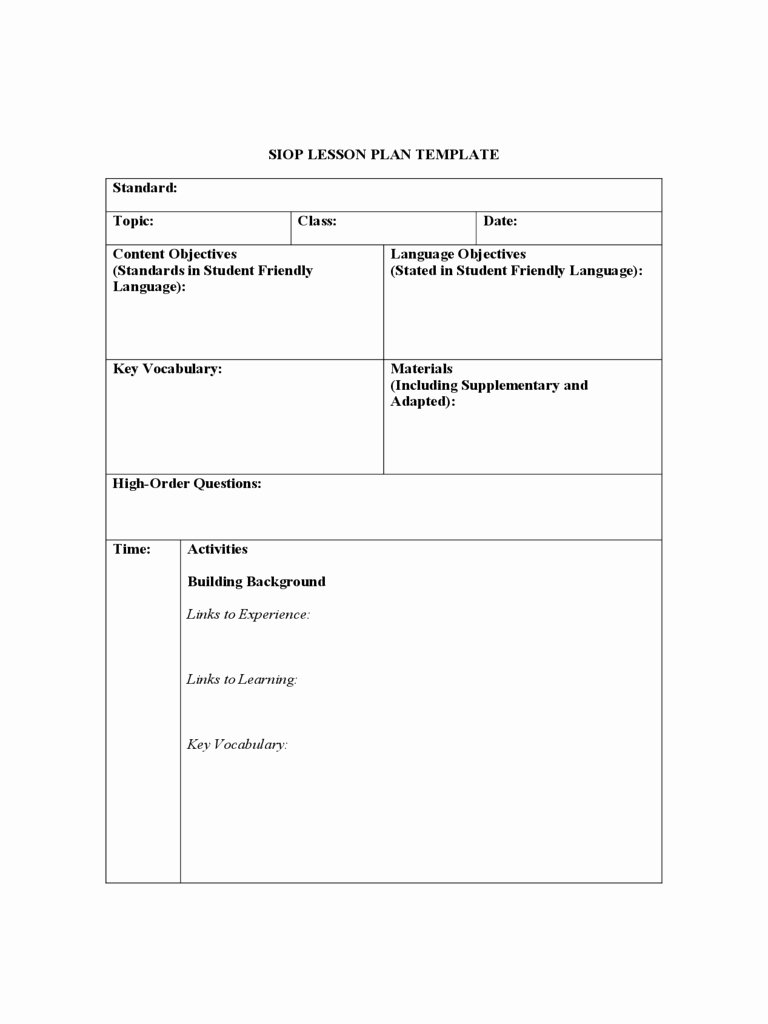 Siop Lesson Plan Template Lovely Siop Lesson Plan Template