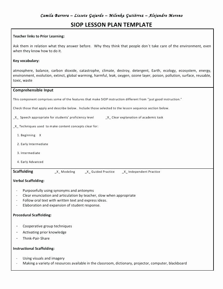 Siop Lesson Plan Template New Sample Siop Lesson Plan Template