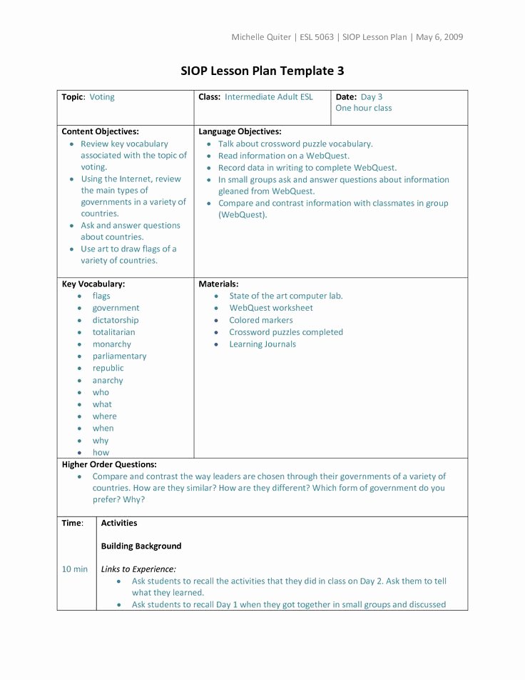 Siop Model Lesson Plan Template Awesome Types Of Lesson Plan Templates