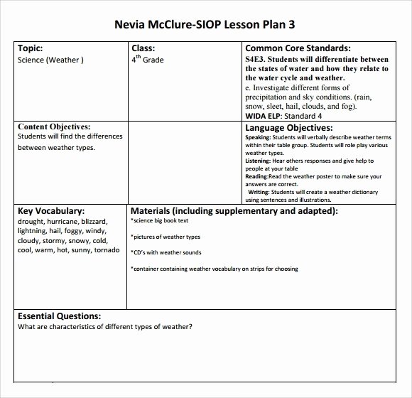 Siop Model Lesson Plan Template Best Of Lesson Plan format Types
