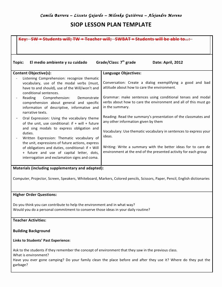 Siop Model Lesson Plan Template Elegant Siop Unit Lesson Plan Template Sei Model