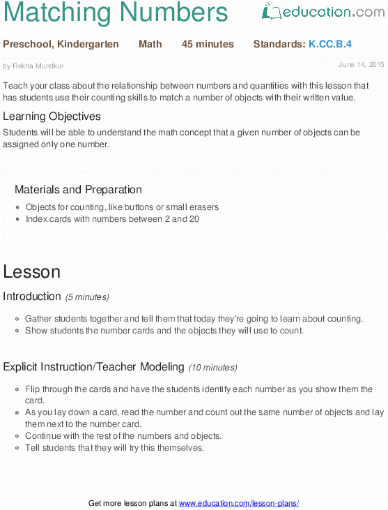 Social Skills Lesson Plan Template Fresh Matching Numbers Lesson Plan