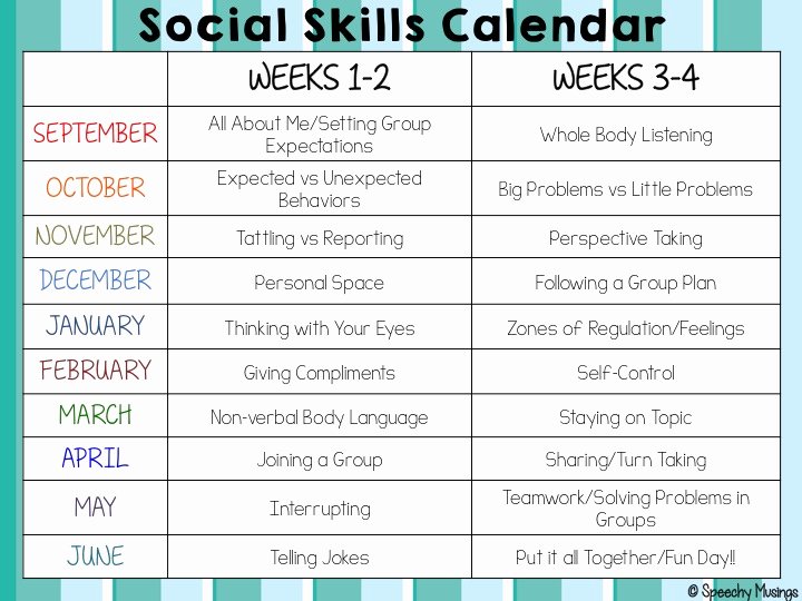 Social Skills Lesson Plan Template Lovely social Skills Calendar Speechy Musings