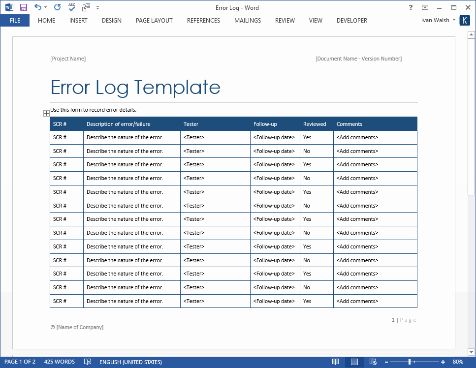 Software Test Plan Template Lovely Error Log Template – Ms Word – software Testing