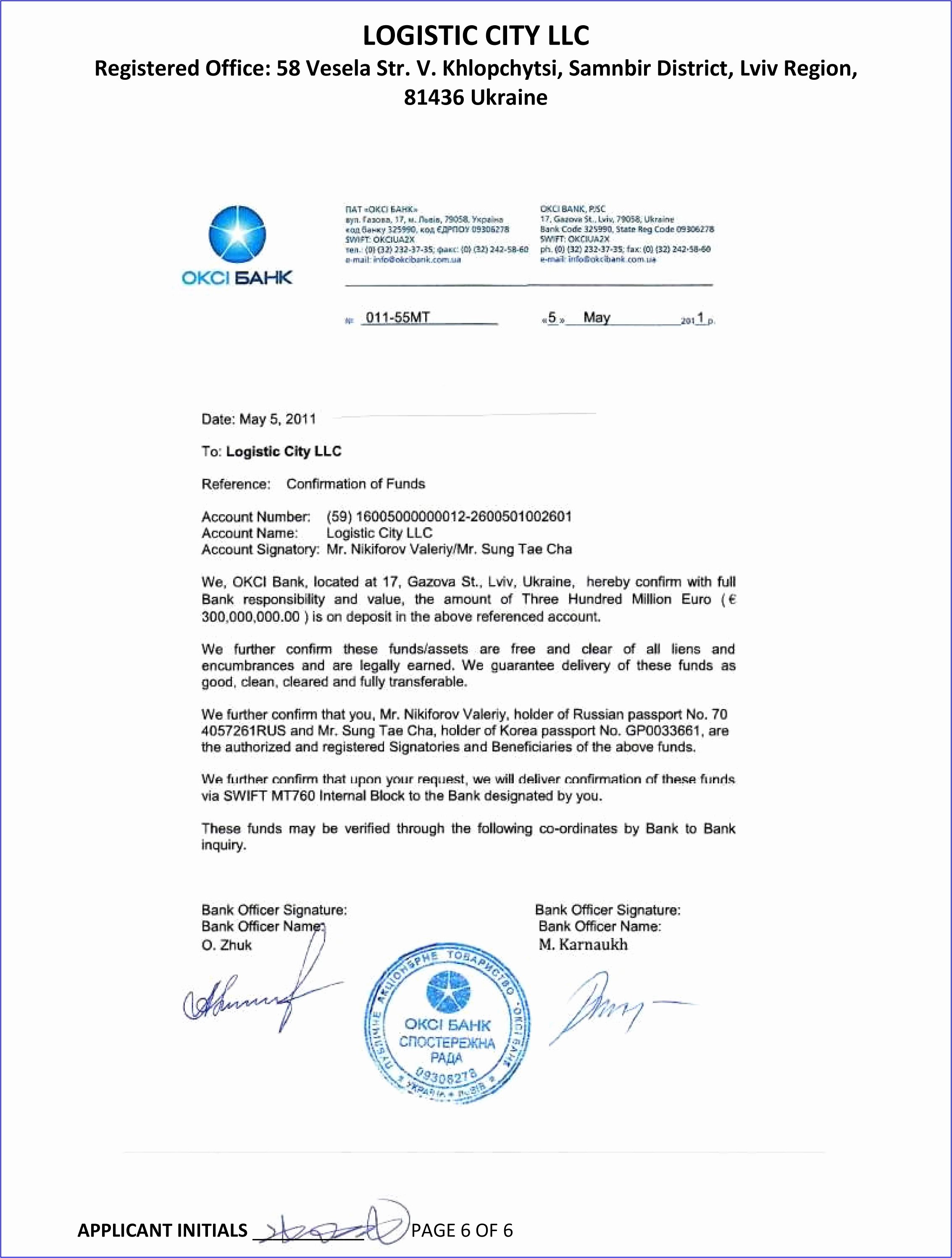 2011 300m okci bank confirmation of funds letter to logistic city