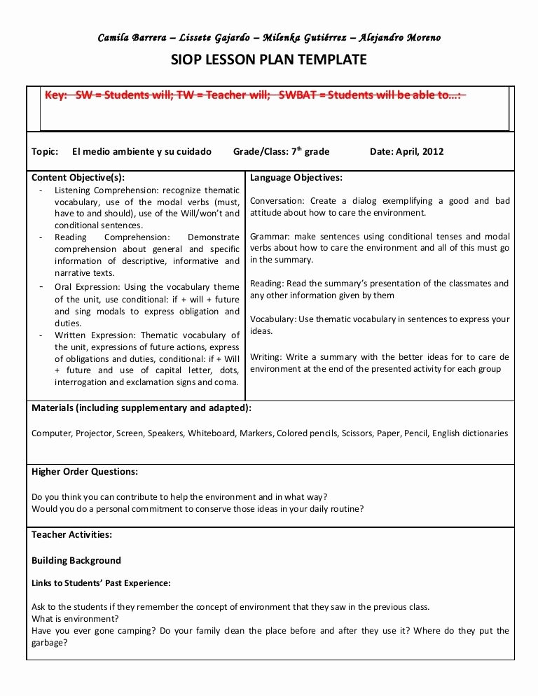 Spanish Lesson Plan Template Awesome Siop Unit Lesson Plan Template Sei Model