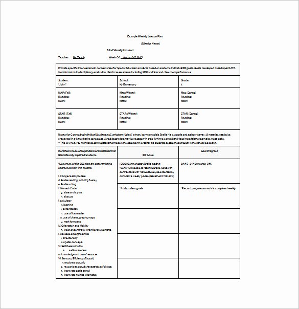 Special Education Lesson Plan Template New Weekly Lesson Plan Template 9 Free Sample Example