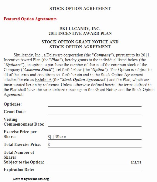 Stock Option Plan Template Awesome Stock Option Agreement Sample Stock Option Agreement Template