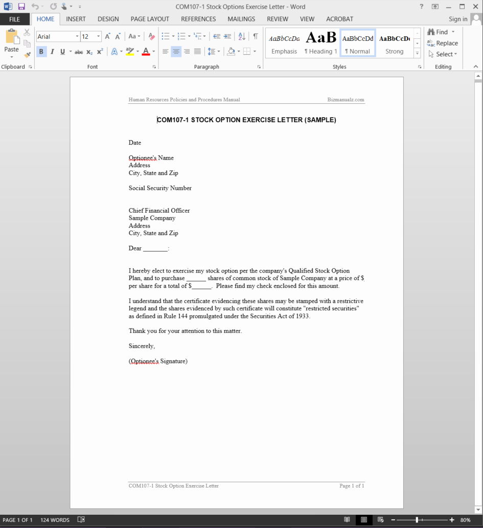 Stock Option Plan Template New Stock Options Exercise Letter Template