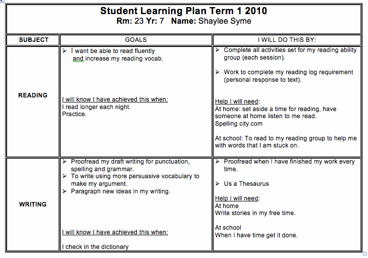 Student Education Plan Template Fresh Shaylee S Student Learning Plan
