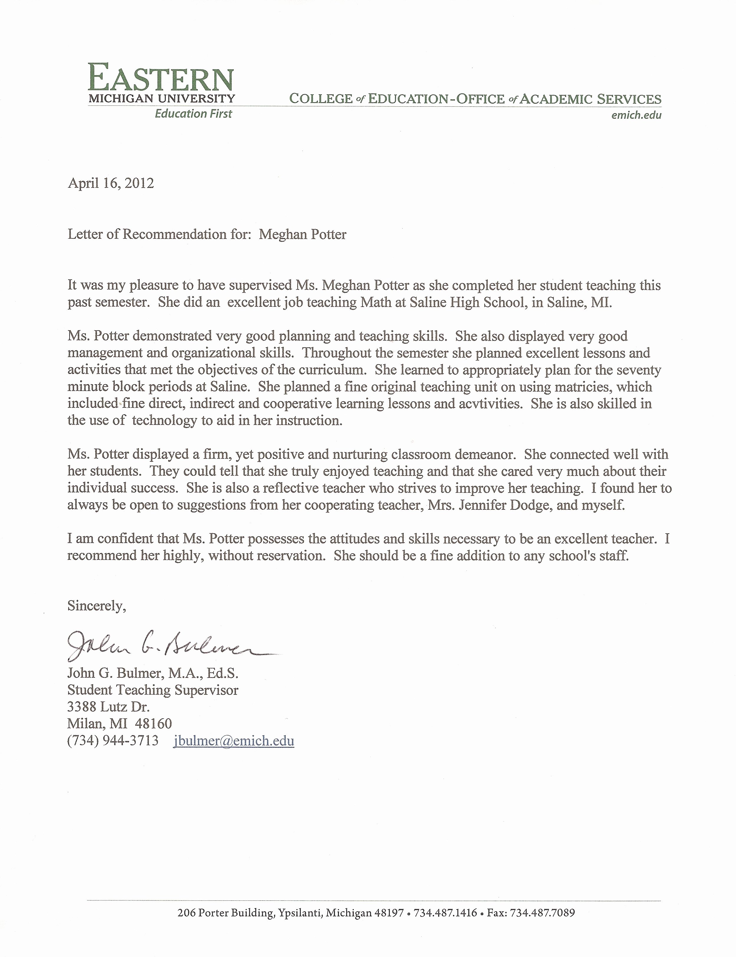 Student Teacher Letter Of Recommendation New Resume Meghan Potter