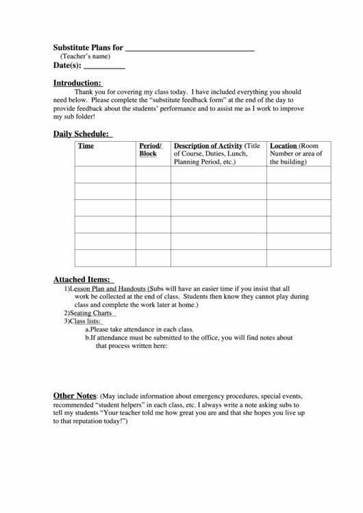 Substitute Lesson Plan Template New Substitute Plan Template Printable Pdf