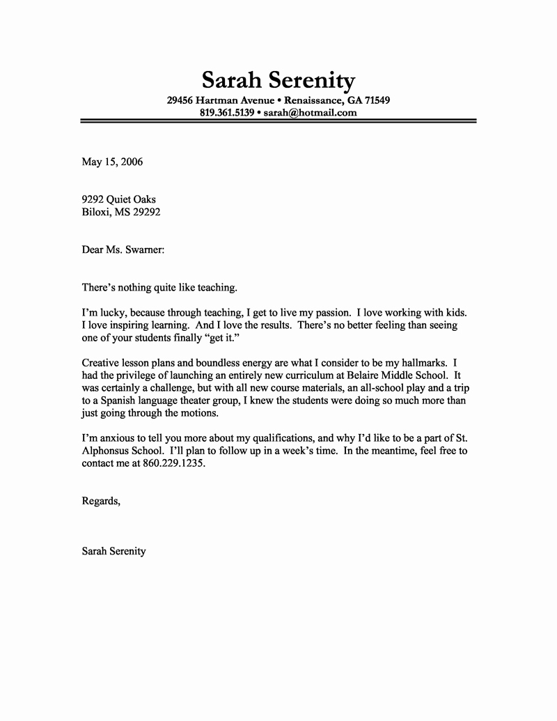 Teacher Cover Letter format Luxury Cover Letter Example Of A Teacher with A Passion for