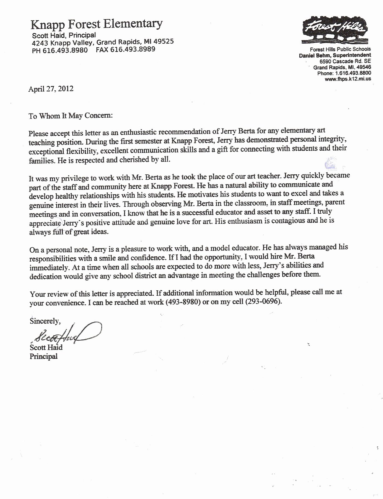letter of re mendation for a teacher