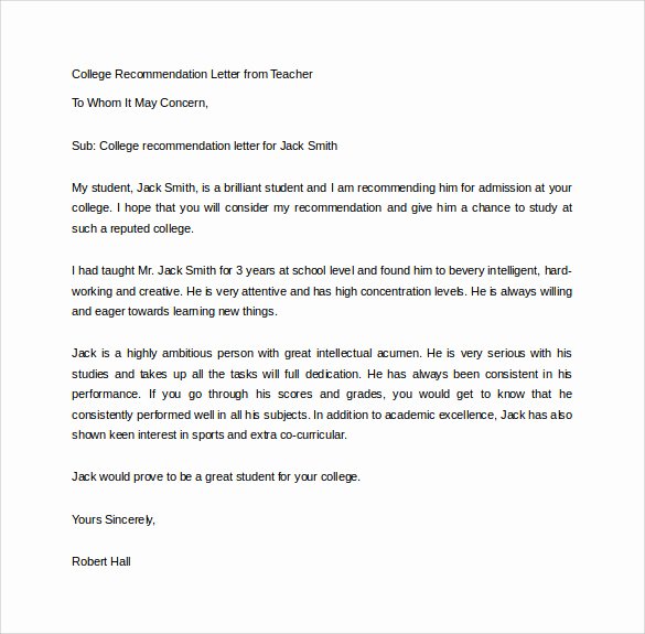 Teacher Letter Of Recommendation Template Awesome Sample College Re Mendation Letter 14 Free Documents