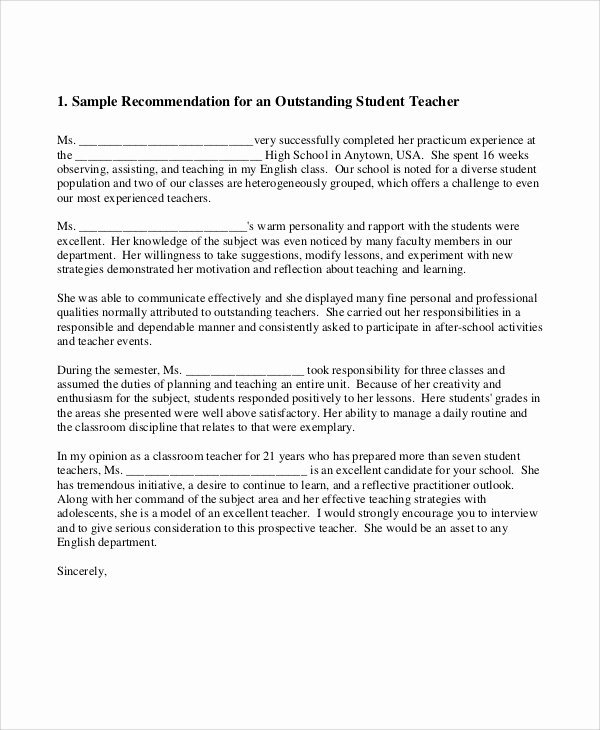 Teacher Letter Of Recommendation Template Beautiful 8 Sample Teacher Re Mendation Letters