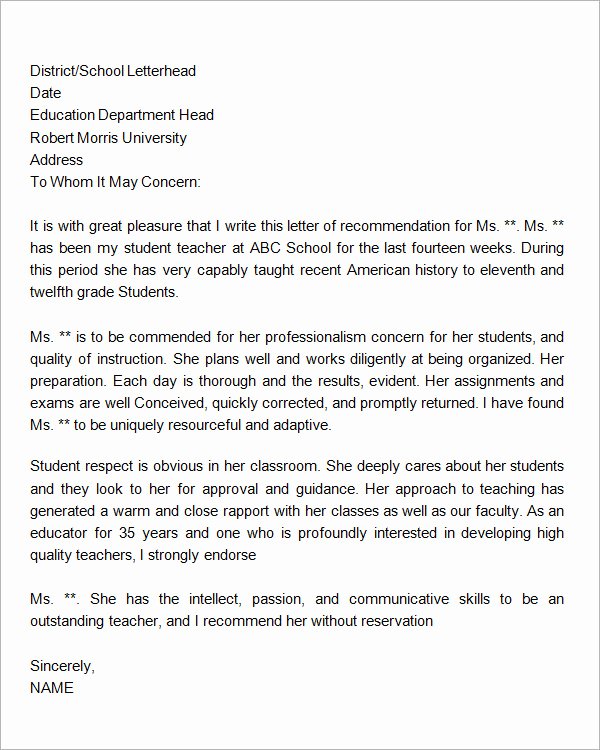 Teacher Letter Of Recommendation Template Fresh 19 Letter Of Re Mendation for Teacher Samples Pdf Doc