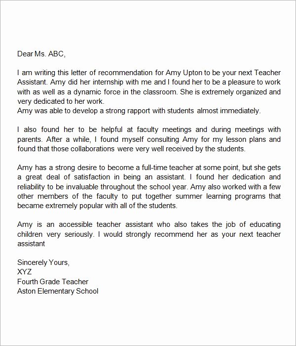 Teacher Letter Of Recommendation Template Inspirational Re Mendation Letter for Teacher assistant