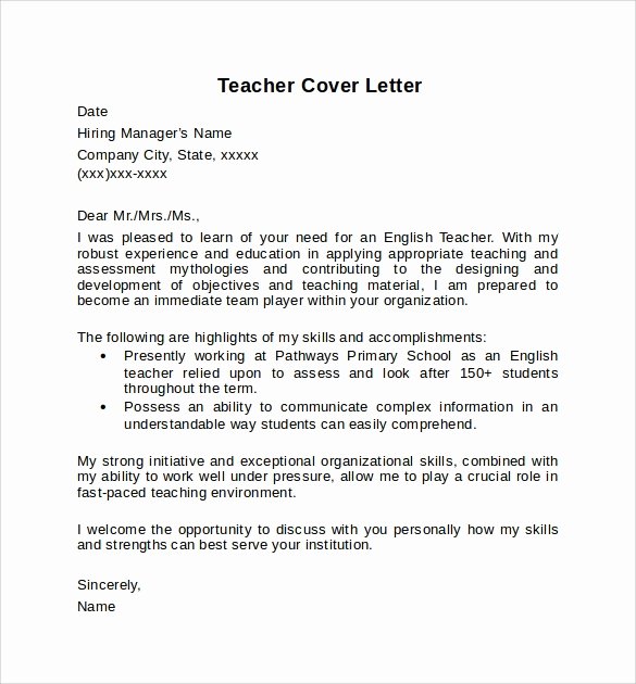 Teaching Cover Letter format Awesome 10 Teacher Cover Letter Examples Download for Free