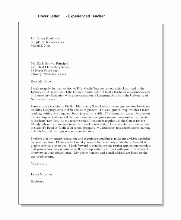 Teaching Cover Letter format Awesome 8 Sample Teaching Cover Letter