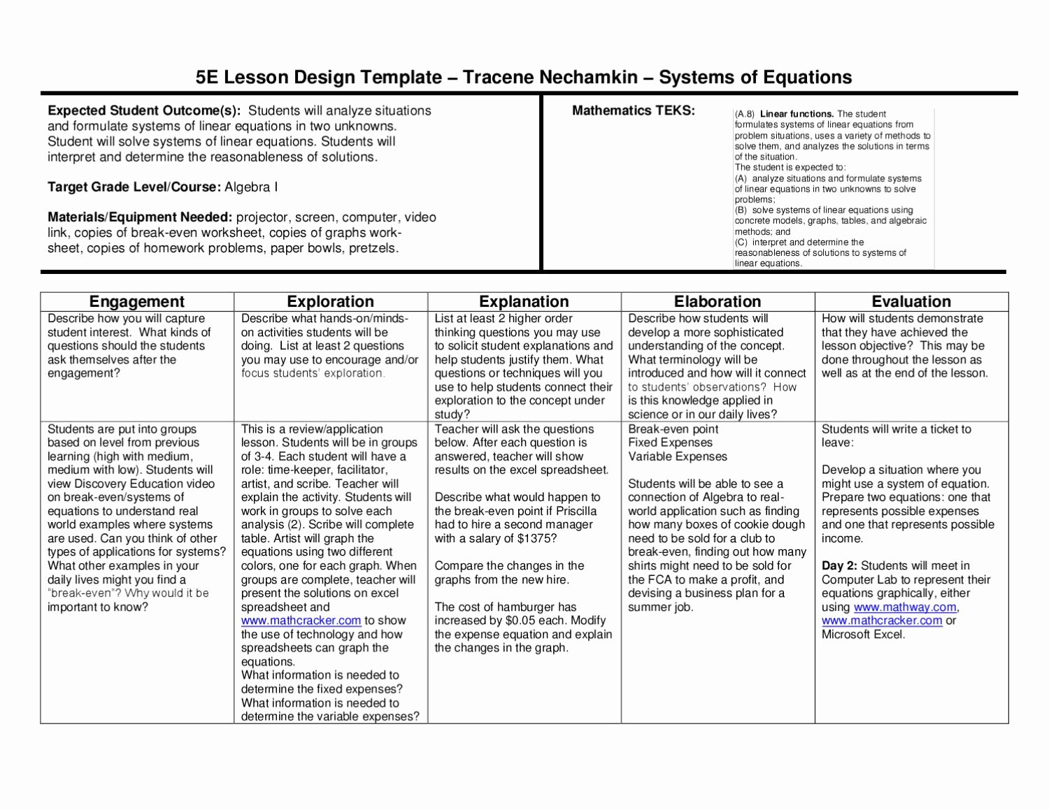 Teks Lesson Plan Template Awesome 5e Lesson Plan Systems Of Equations by Wylie East High