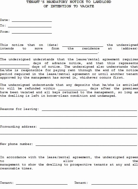 Tenant Buyout Agreement Example Fresh Printable Sample 30 Day Notice to Vacate Template form