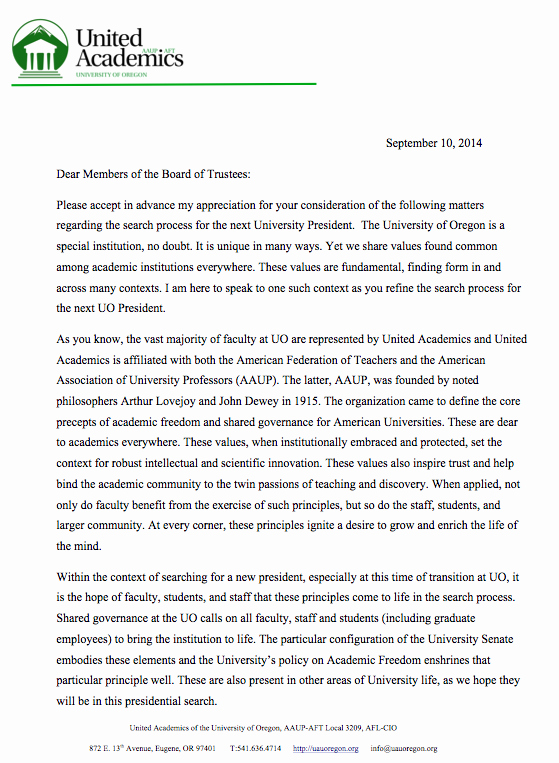 Tenure Recommendation Letter From Student Inspirational Uo Board Meetings Continue 9 11 2014 – Uo Matters
