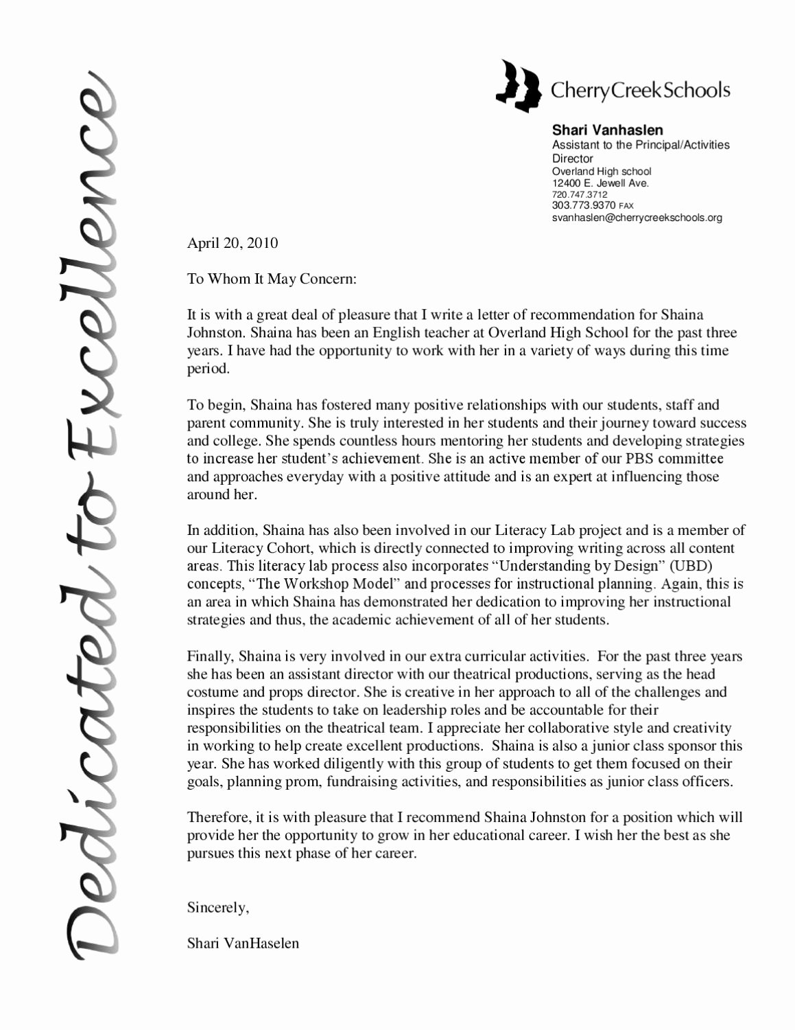 Tenure Recommendation Letter From Student Lovely Letter Of Rec From assistant Principal by Shaina Johnston
